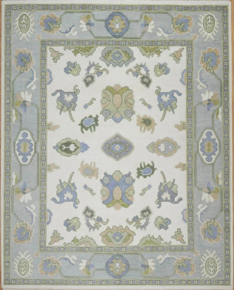 Hand Knotted Oushak Wool Rug - Modern Pastel Floral Turkish Area Rug