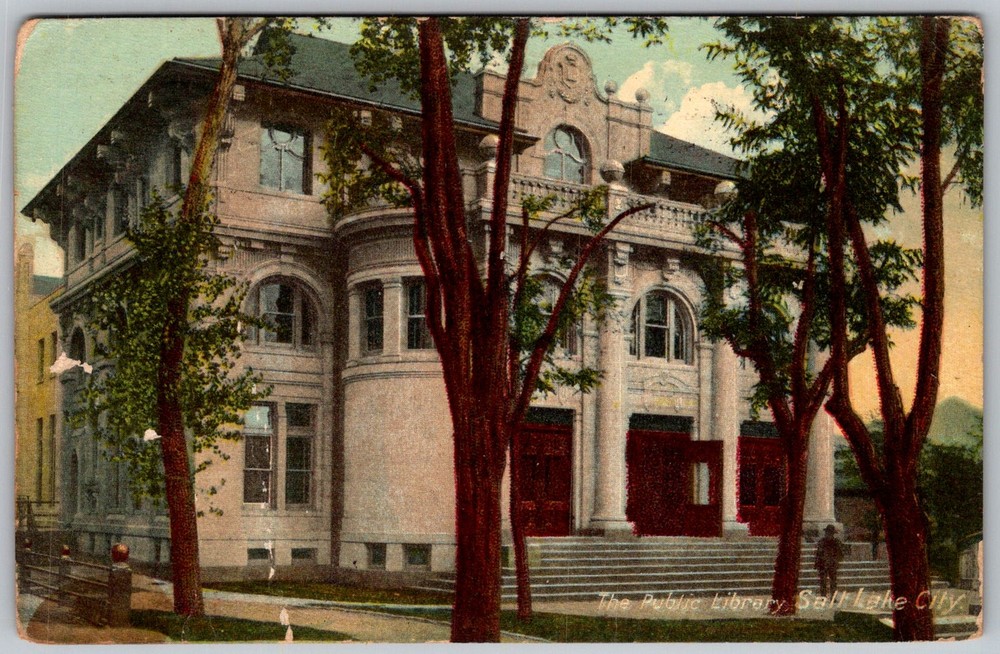 Antique Postcard Public Library Entrance Salt Lake City, UT 1910s