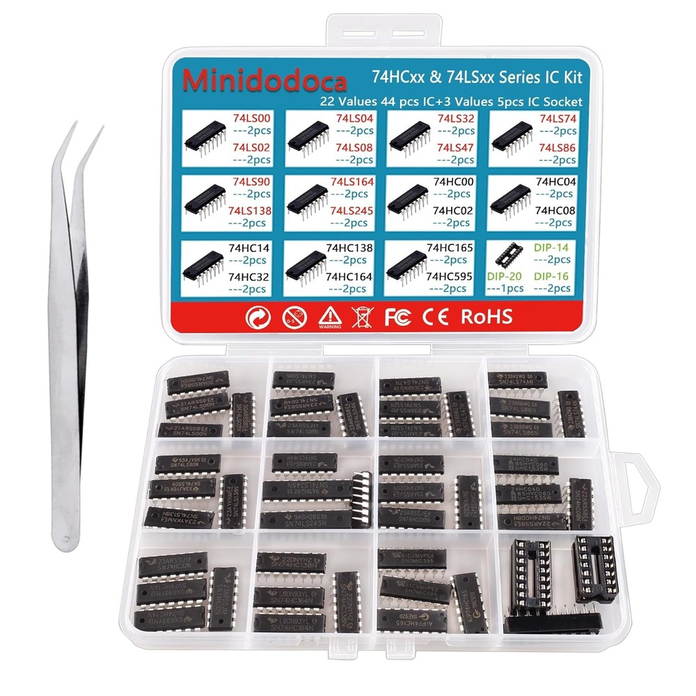 49Pcs 25 Types 74HCxx and 74LSxx Series Logic IC Assortment Kit & IC Socket,Mini