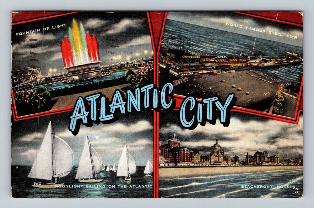 Atlantic City NJ-New Jersey Fountain Light Pier Sailing Hotels Vintage Postcard