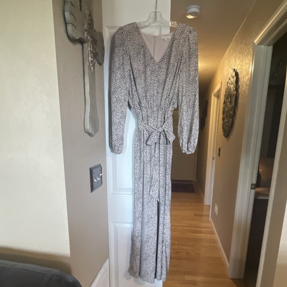 Skies Are Blue Womens Animal Print Long Sleeve V-Neck Belted Wide-Leg Jumpsuit M