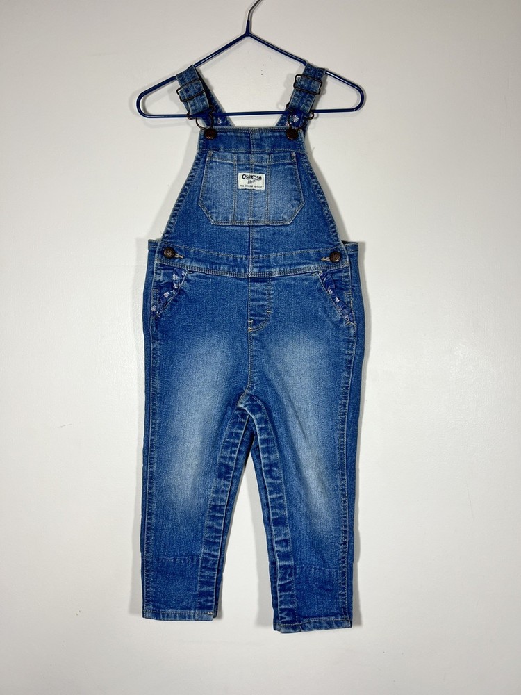OshKosh B’gosh Denim Overalls Girls 24 months Floral Ruffle Pockets Floral Cuff