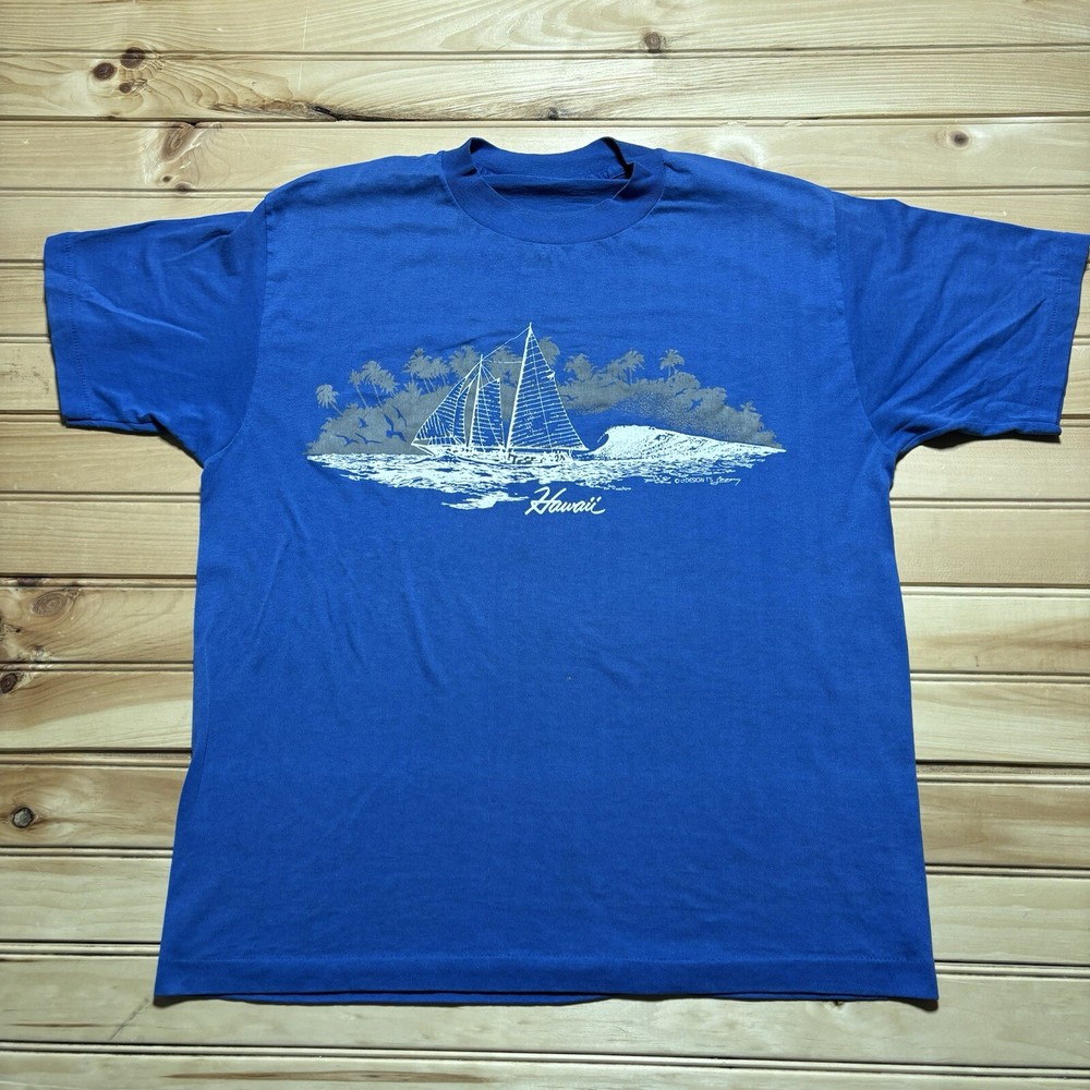 Vintage 80s Hawaii Beach Tropical Waves Sailboat Single Stitch Shirt Size M/L