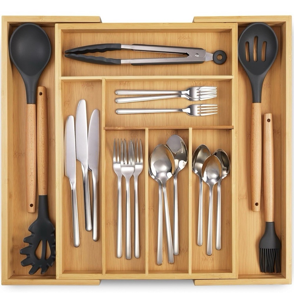 Expandable Bamboo Kitchen Drawer Organizer - Adjusts to Drawer Size - Bamboo