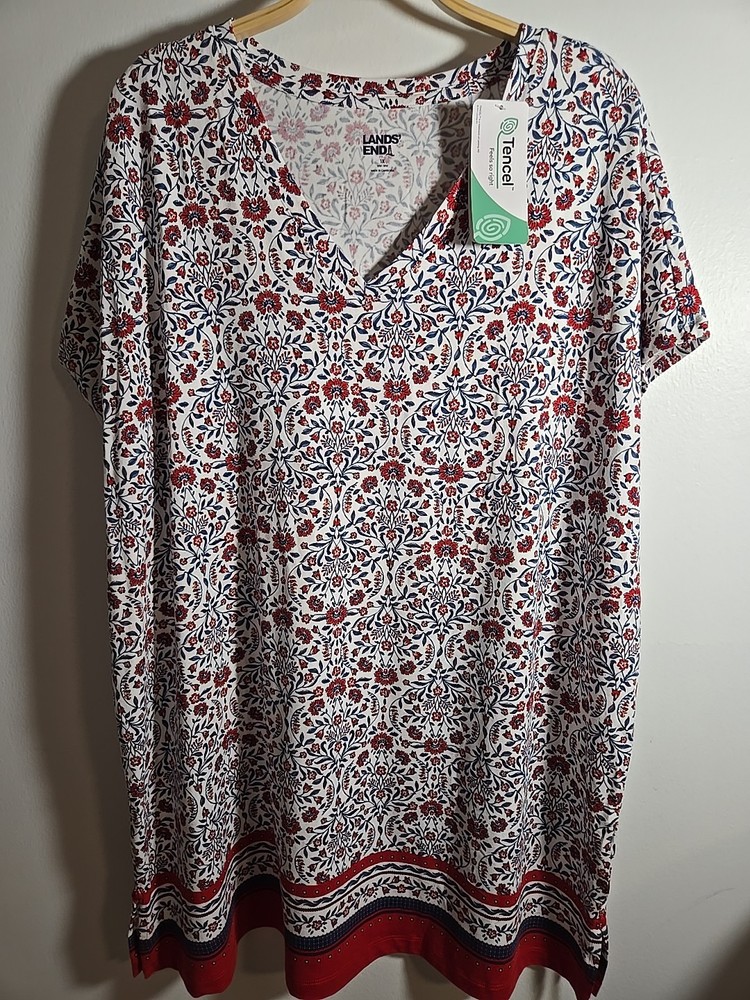 NWT Land's End White Red Floral Knit Top Blouse Size 1X V Neck Short Sleeve