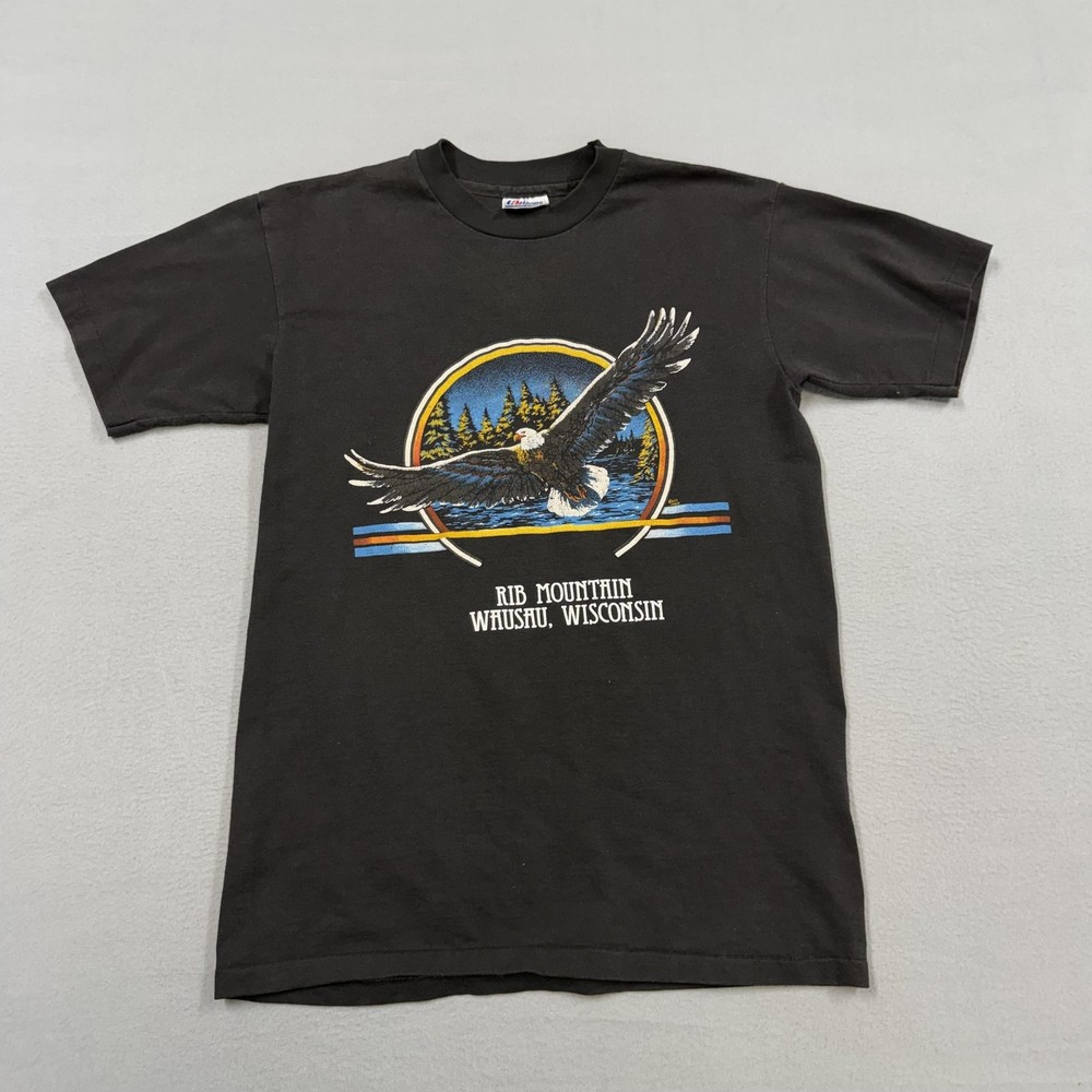 Vintage Hanes Shirt Mens Medium Black Rib Mountain Eagle Graphic Tee 80s USA