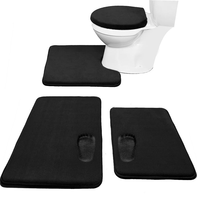4-Piece Memory Foam Bath Mat Set with Toilet Lid Cover and Rug in Black