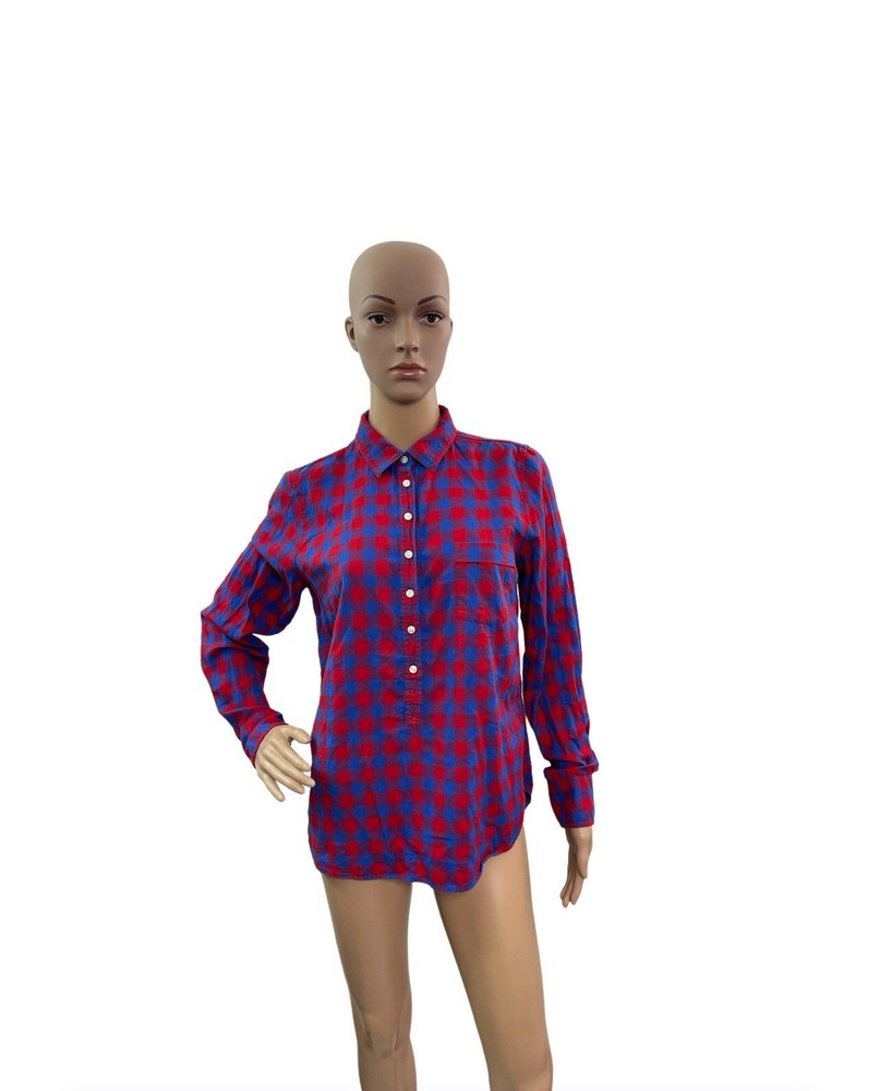 J Crew Womens Size S Long Sleeve 1/4 Button Neck Checkers Popover Flannel Shirt