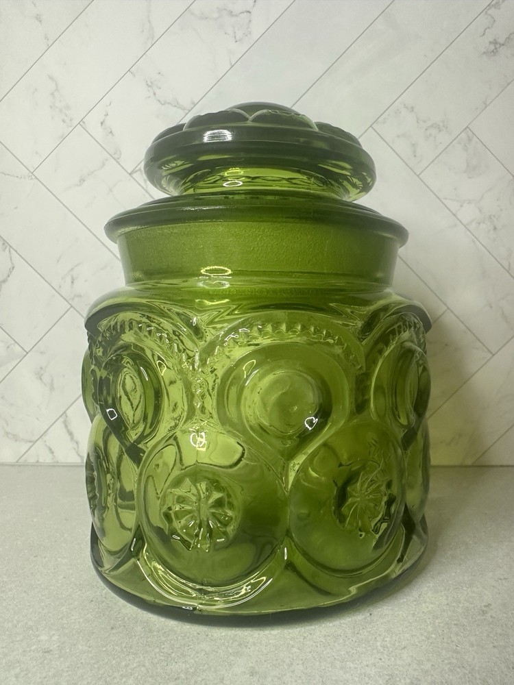 LE Smith Vintage Green Glass Moon and Stars Lidded Canister Small 5