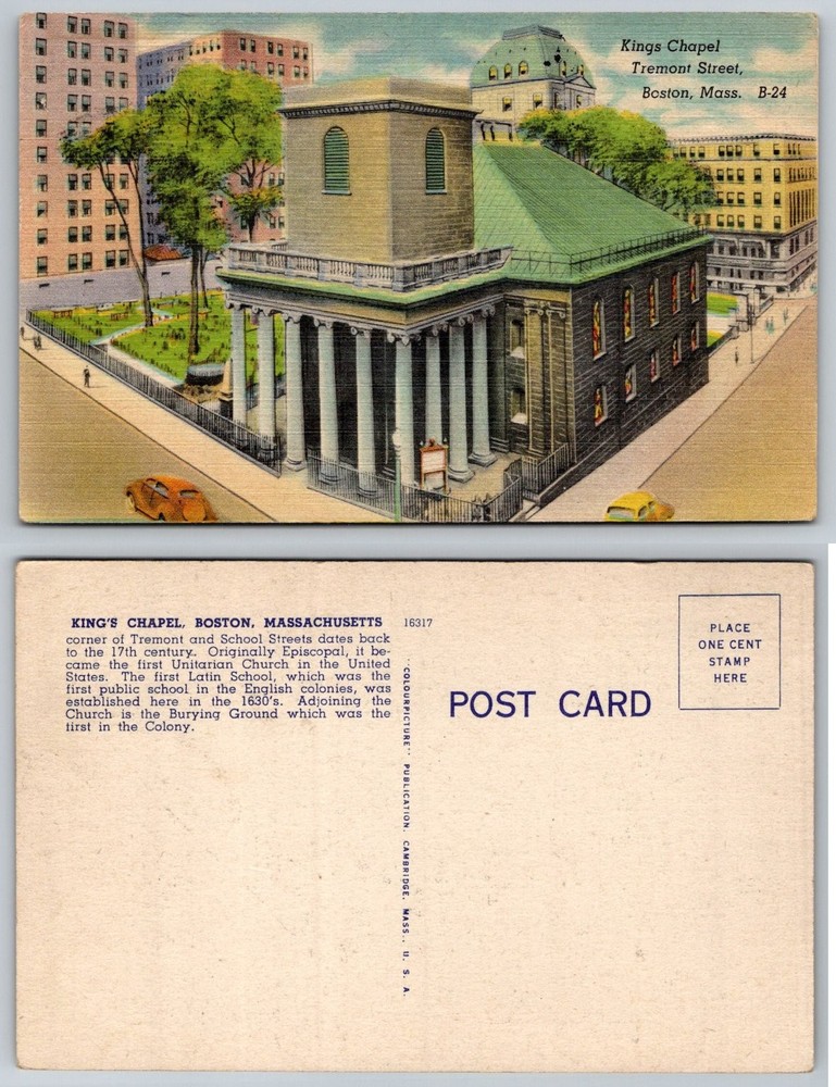 Kings Chapel Boston MA Tremont Street Linen Postcard Vintage Colourpicture