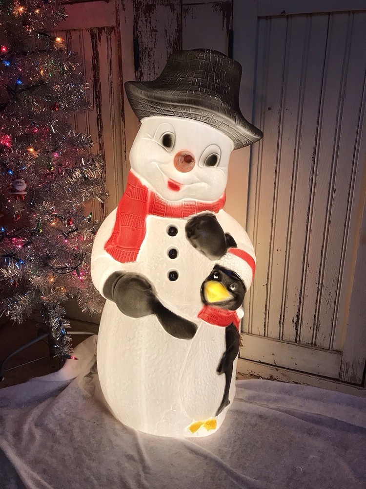 Blow Mold Lighted Snowman With Carrot Nose And Penguin Friend Union Products