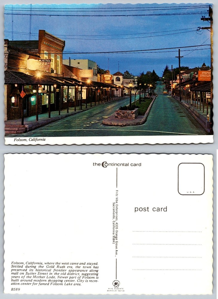 Folsom California Sutter Street Gold Rush Era Night View Vintage Postcard