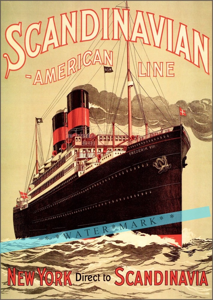 Scandinavian American Line 1914 Ocean Liner Vintage Poster Retro Style Ship Art