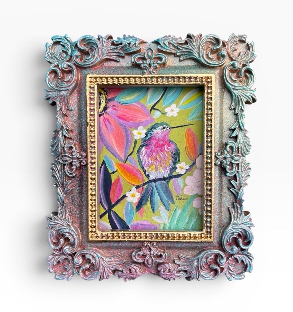 Hummingbird mini watercolor print of original painting • vintage ornate frame