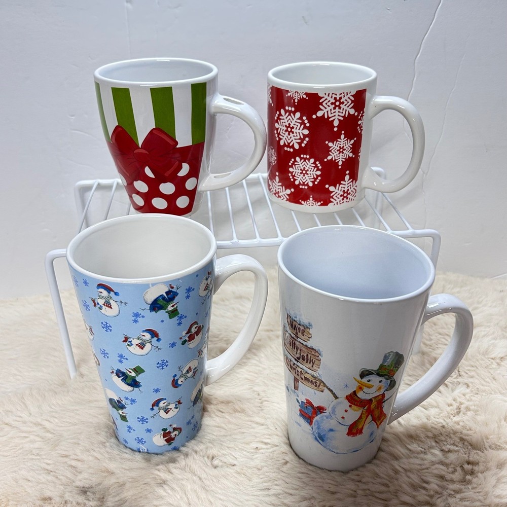 Christmas Holiday Mugs Set Of 4 Decorative Snowman Gift Bow Coffee Odd Mugs