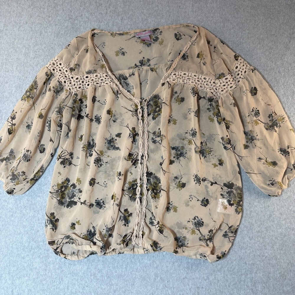 Floral Peasant Blouse Womens L Beige Crochet Lace Lightweight Boho Cottagecore