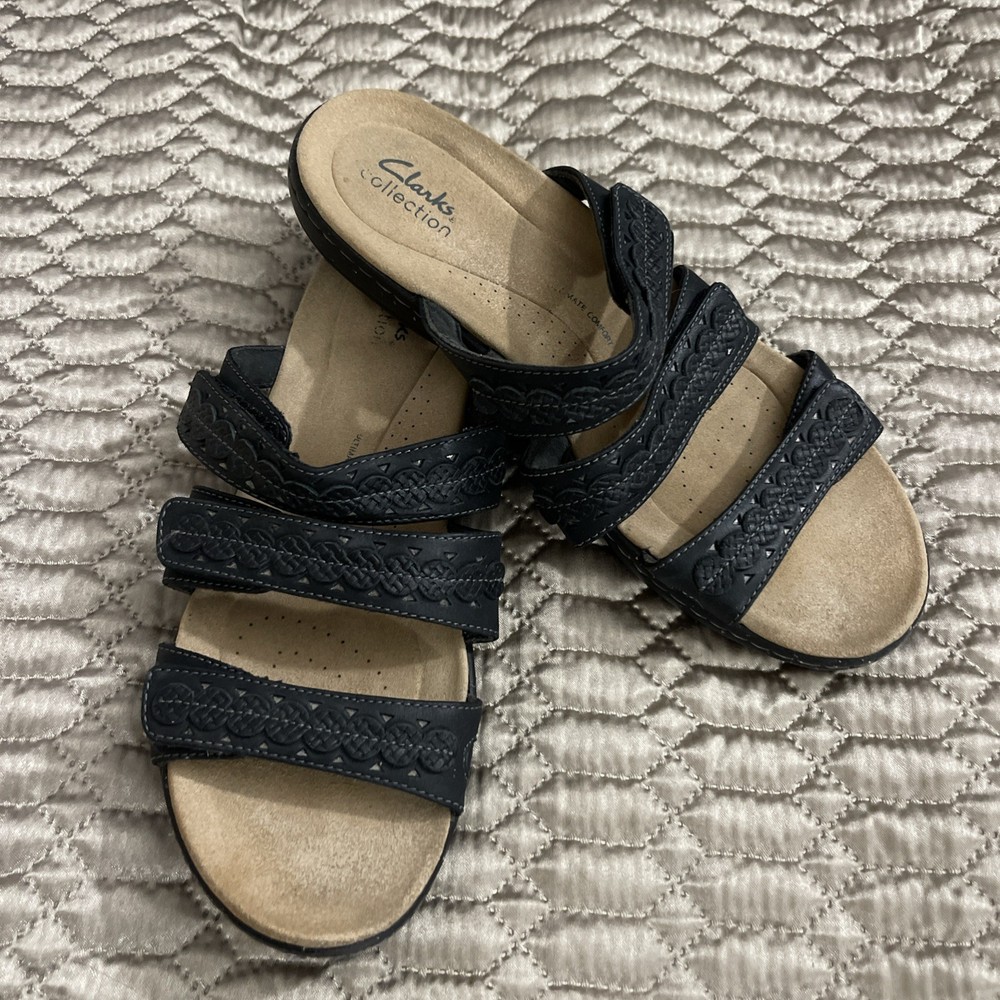 Clarks Women's Size 10 Black Leather Adjustable Strap Sandal.  Great Cond.