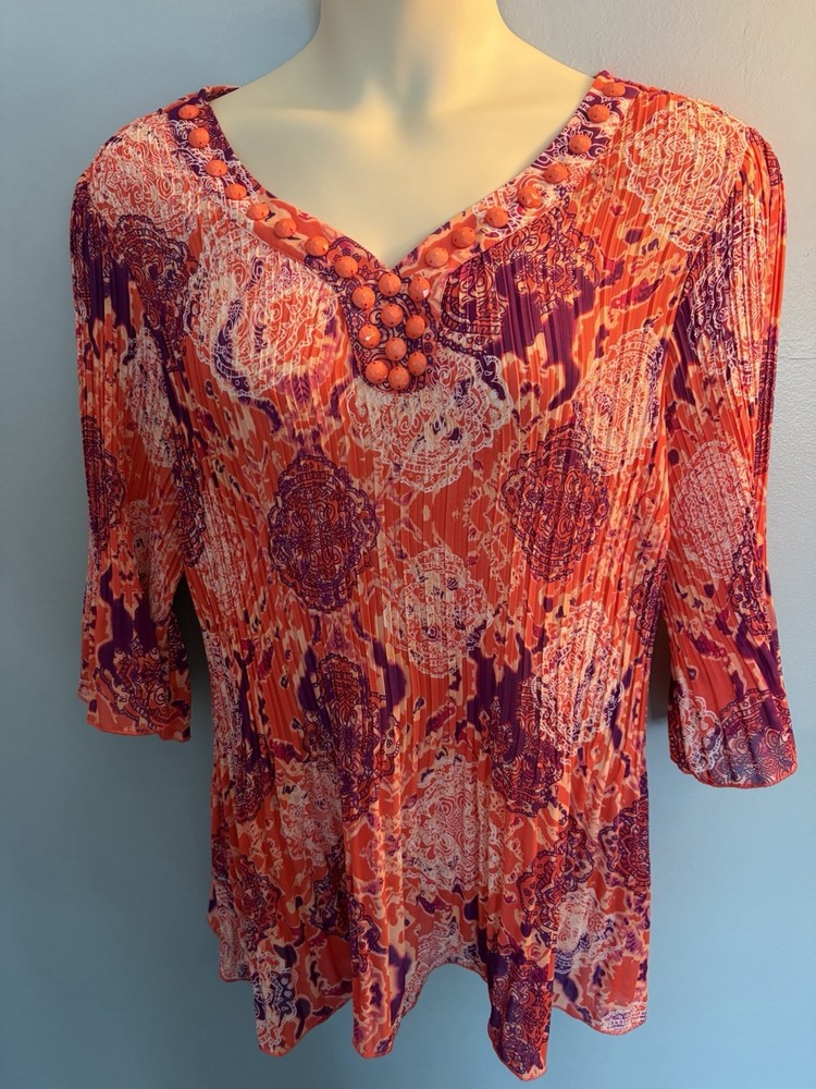 CATHERINES 1X 2X Purple Coral Crinkle Tunic Top Paisley Beaded Ruffle 3/4 Sleeve