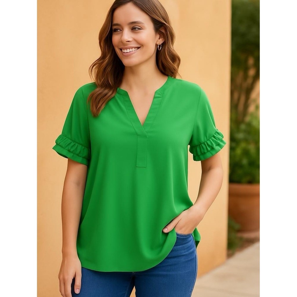 Chico's Vibrant Green Blouse with Ruffle Detail Size 2 (L)