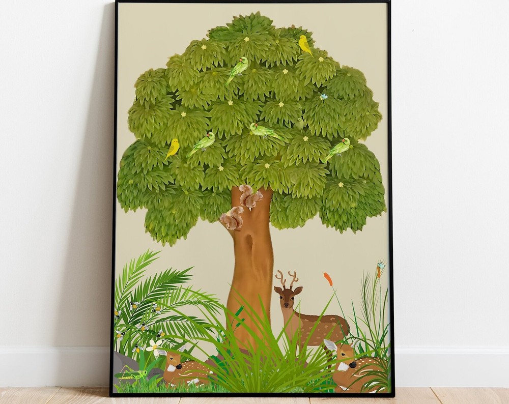Indian Forest Painting Tree Of Life Deer Squirrels Parrots Art Botanical Indian
