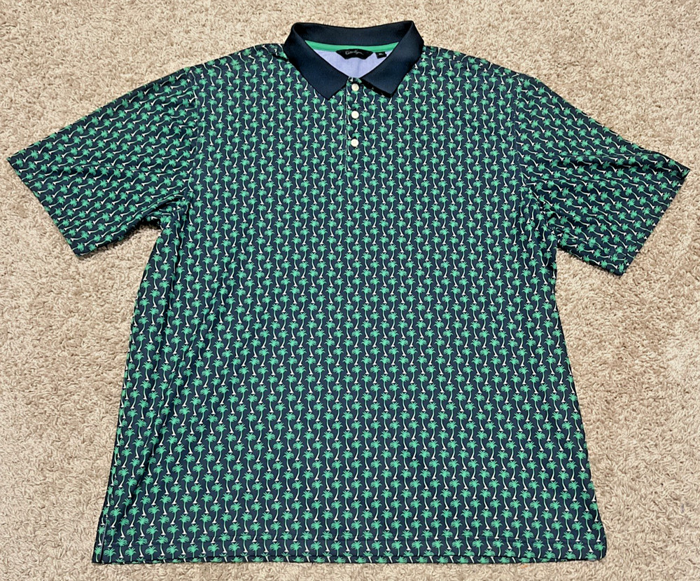 Walter Hagen Men’s XL Polo Shirt Green Palm Tree AOP Golf Short Sleeve Collared