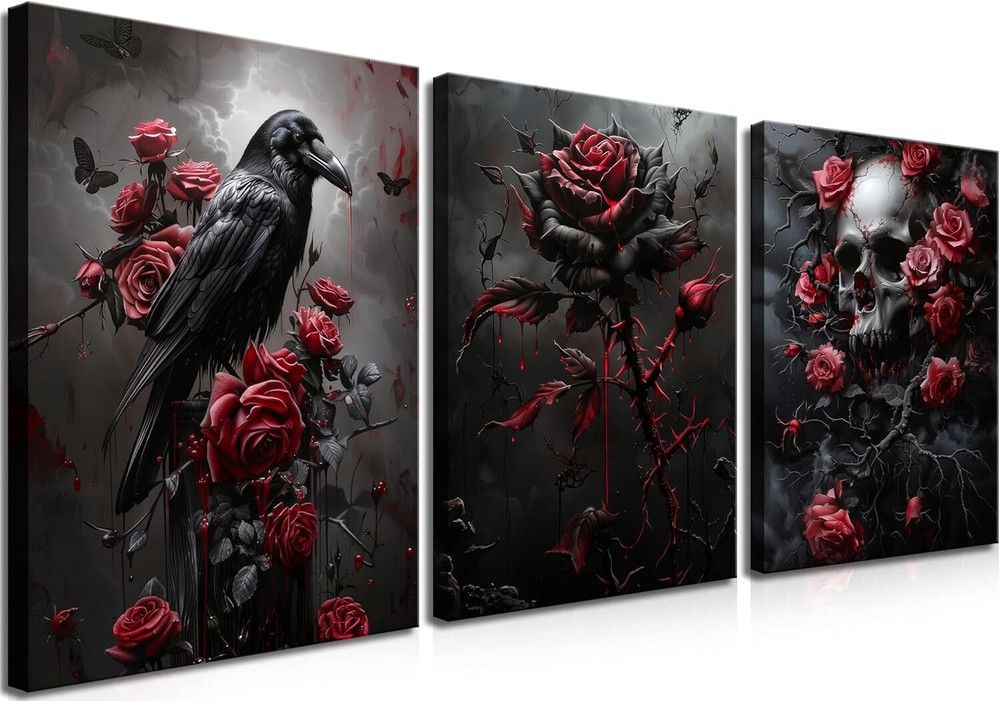 Gothic Canvas Wall Art Set of 3, Romantic 16''x24'' 3piece, Black and WhiteA