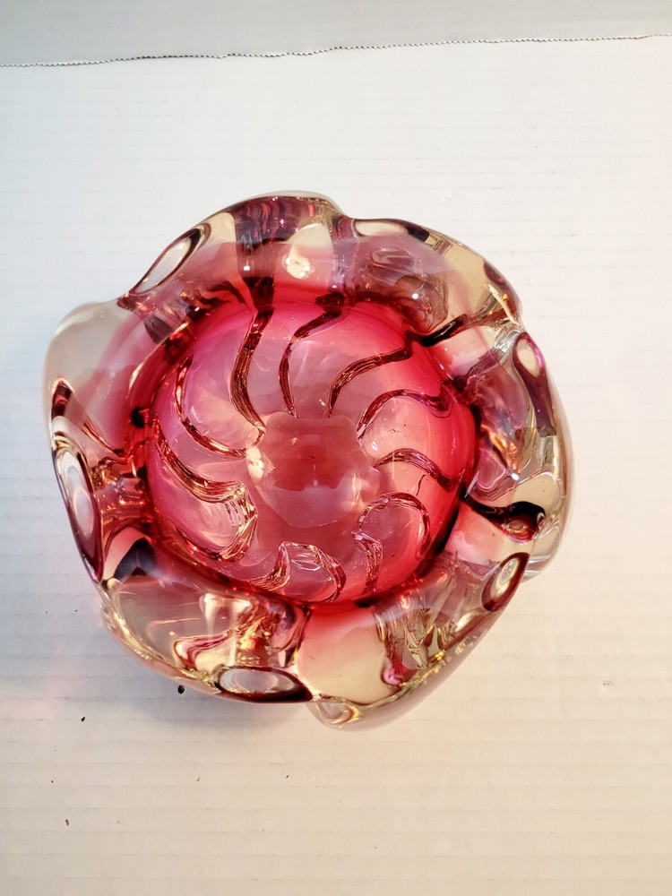Vintage Hospodka Bohemian Czech Cranberry Swirl Art Glass Candy Trinket Bowl