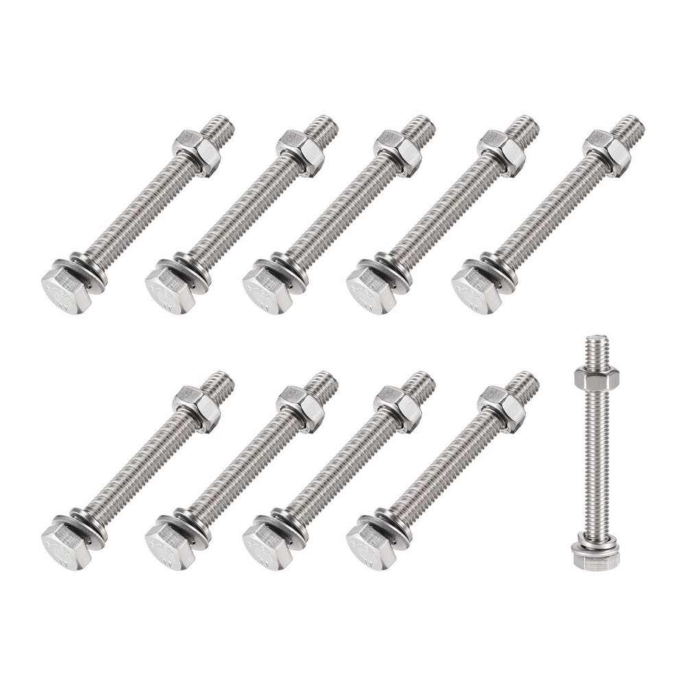 M6x55mm Hex Head Screws Bolts Nuts Flat Lock Washers Kit 10 Sets