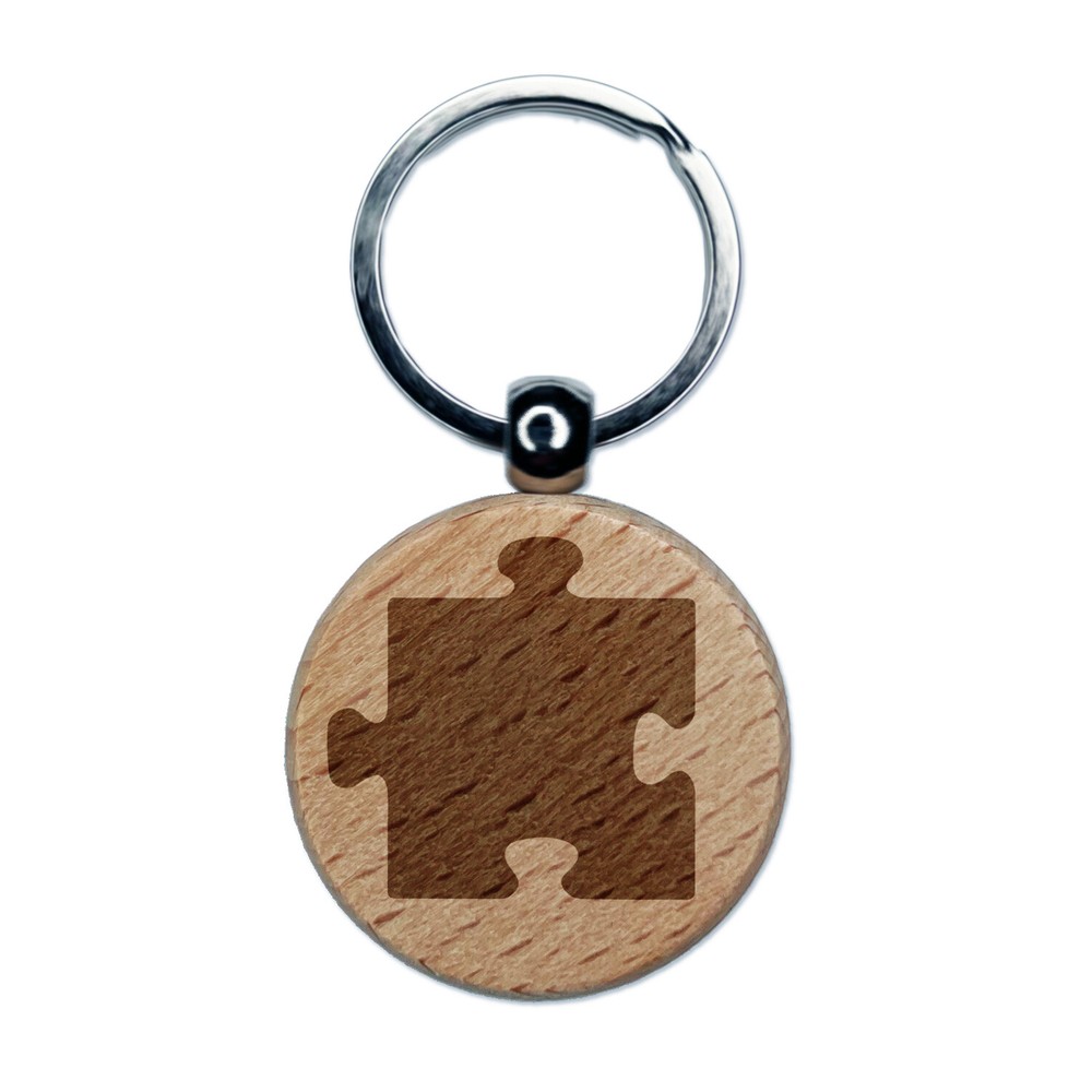 Puzzle Piece Solid Engraved Wood Round Keychain Tag Charm