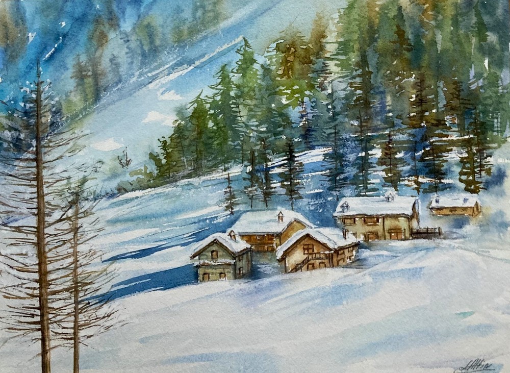 European Alps Mountain Watercolor Original Painting Winter Landscape