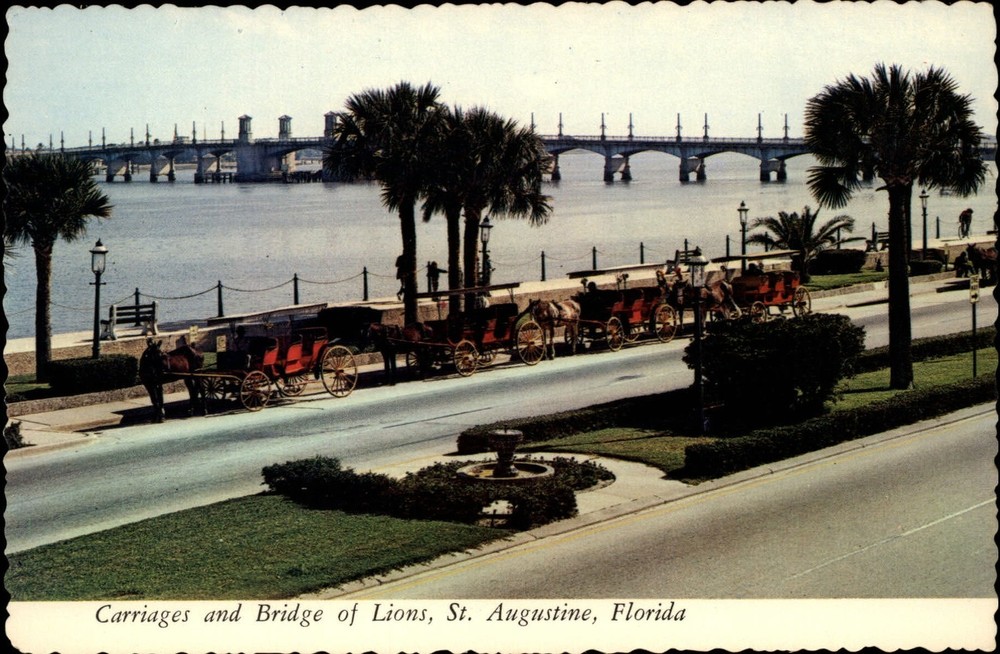 St Augustine Florida Lions Bridge carriages horses aerial view vintage postcard
