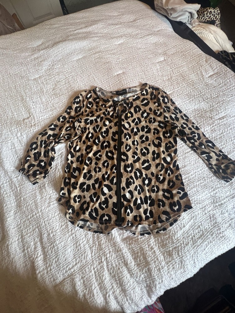 Liz Claiborne Leopard Print V-Neck Tie Neck Blouse 3/4 Sleeve Size L