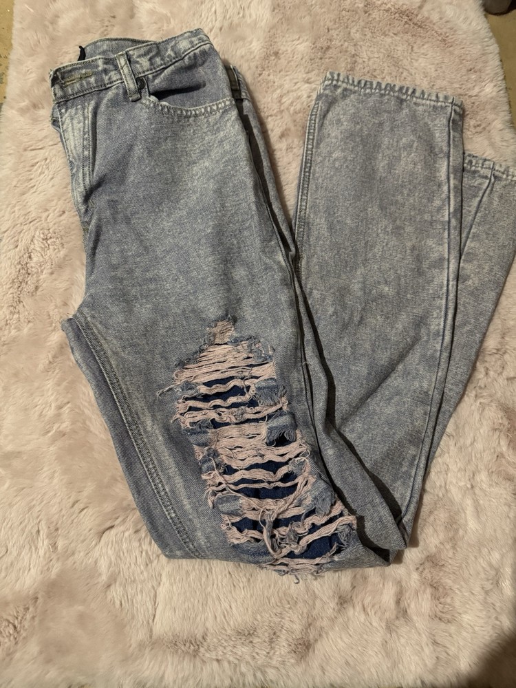 One Teaspoon Distressed Mom Jeans Blue Denim And Pink Distressing Size 26