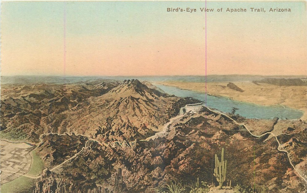 1920s Apache Trail Arizona Birdseye View hand colored Albertype Postcard 26-1871