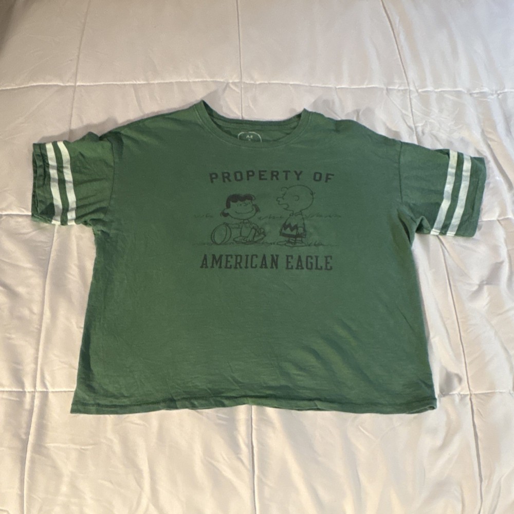 American Eagle x Peanuts womans Green Graphic Logo Crew Neck T-Shirt M