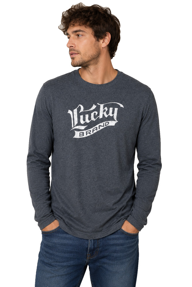 Lucky Brand Gray Long Sleeve Graphic T Shirt Men’s Logo Tee Large