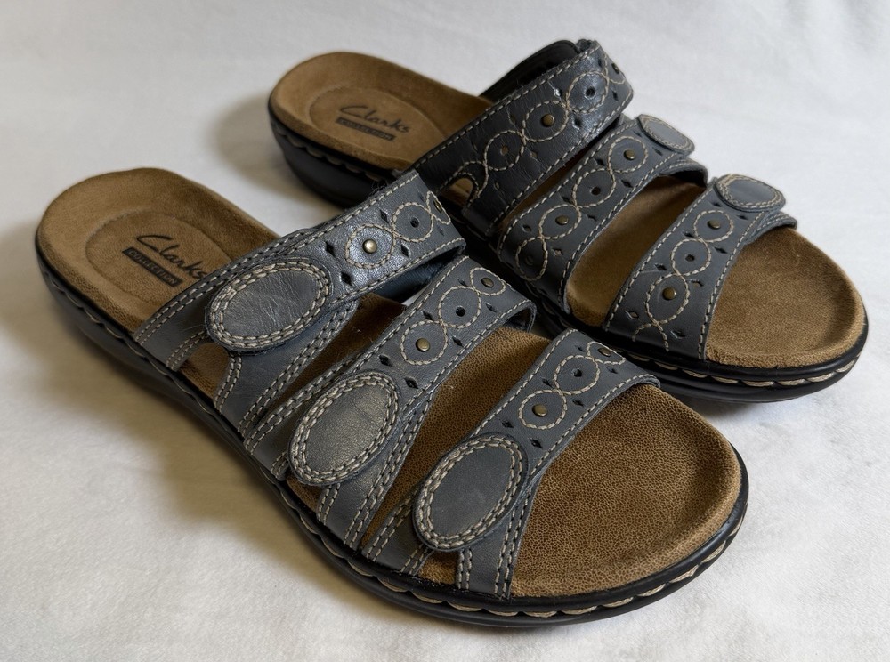Clarks Women's Leisa Cacti Slide Blue Gray 7M US 37.5 EU Adjustable Straps