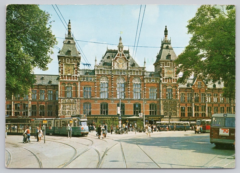 Amsterdam Netherlands, Central Station, Trams, Buses, Vintage Postcard