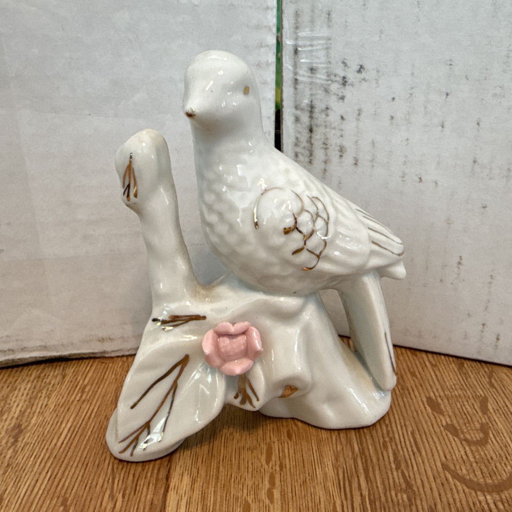 Ceramic Dove Figurine White Pink Rose Gold Accents Glossy Finish Bird Theme