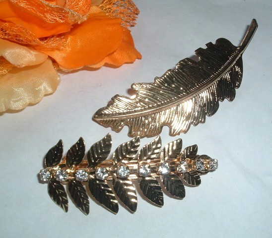 2 Vintage Gold Leaf and Rhinestone Hair Barrettes