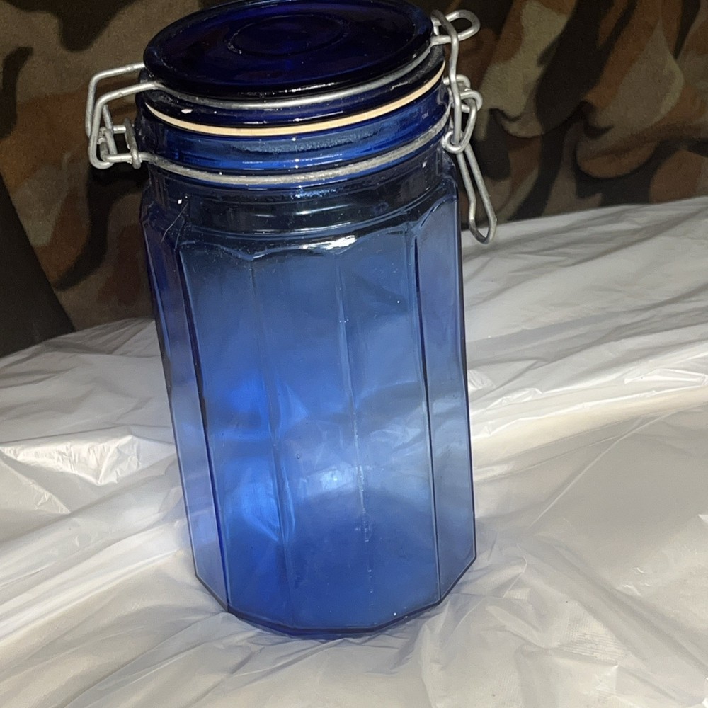 Vtg Cobalt Blue 12 Panel Glass Bale Canister Storage Jar 8