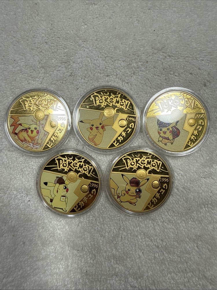Pokemon Pikachu 24k Gold Plated Collectible Coin’s with Cases. Set Of 5