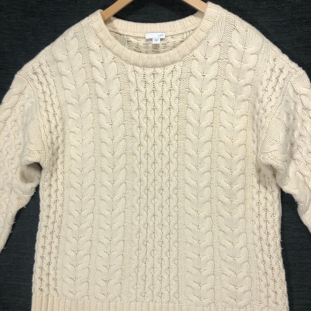 J. Jill Cable Knit Sweater Lambswool Blend Crew Neck Pullover Ivory Small