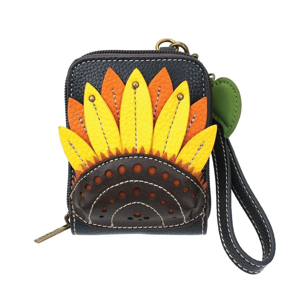 New Chala Yellow Sunflower Rfid Credit Card Holder Zippered Wallet Faux Leather