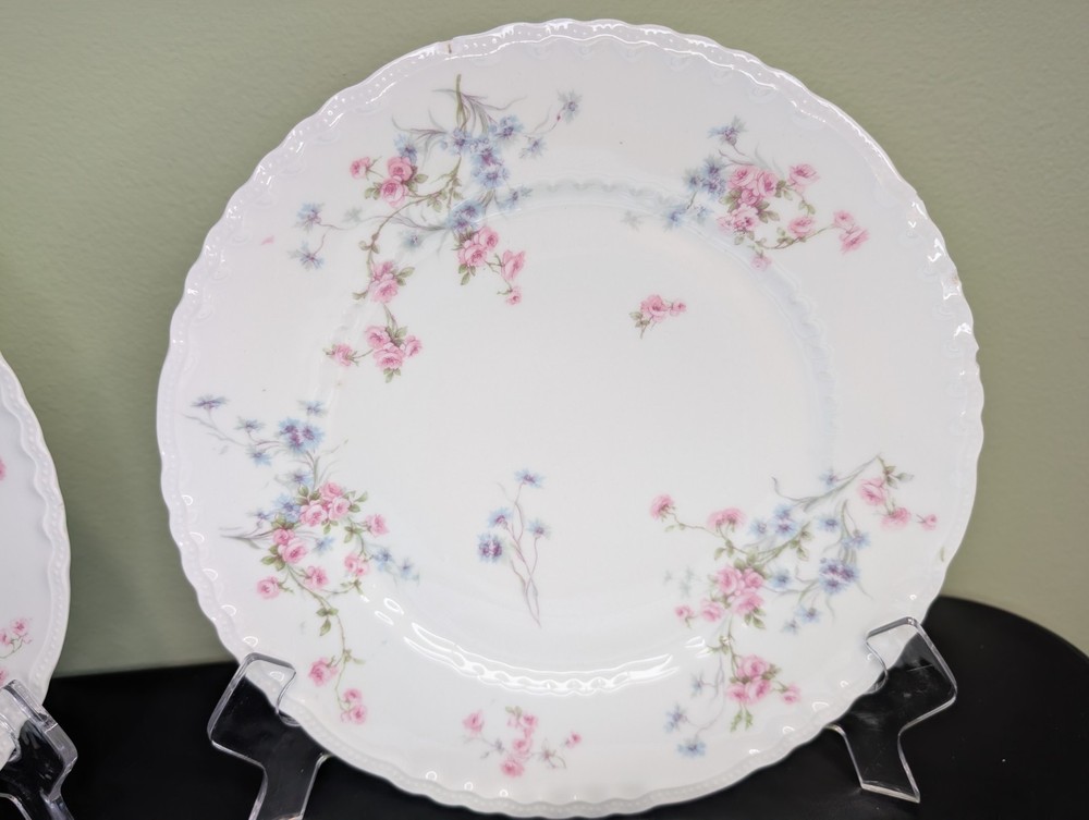 Antique Theodore Haviland Limoges Pink And Blue Floral Dinner Plates Set of 7