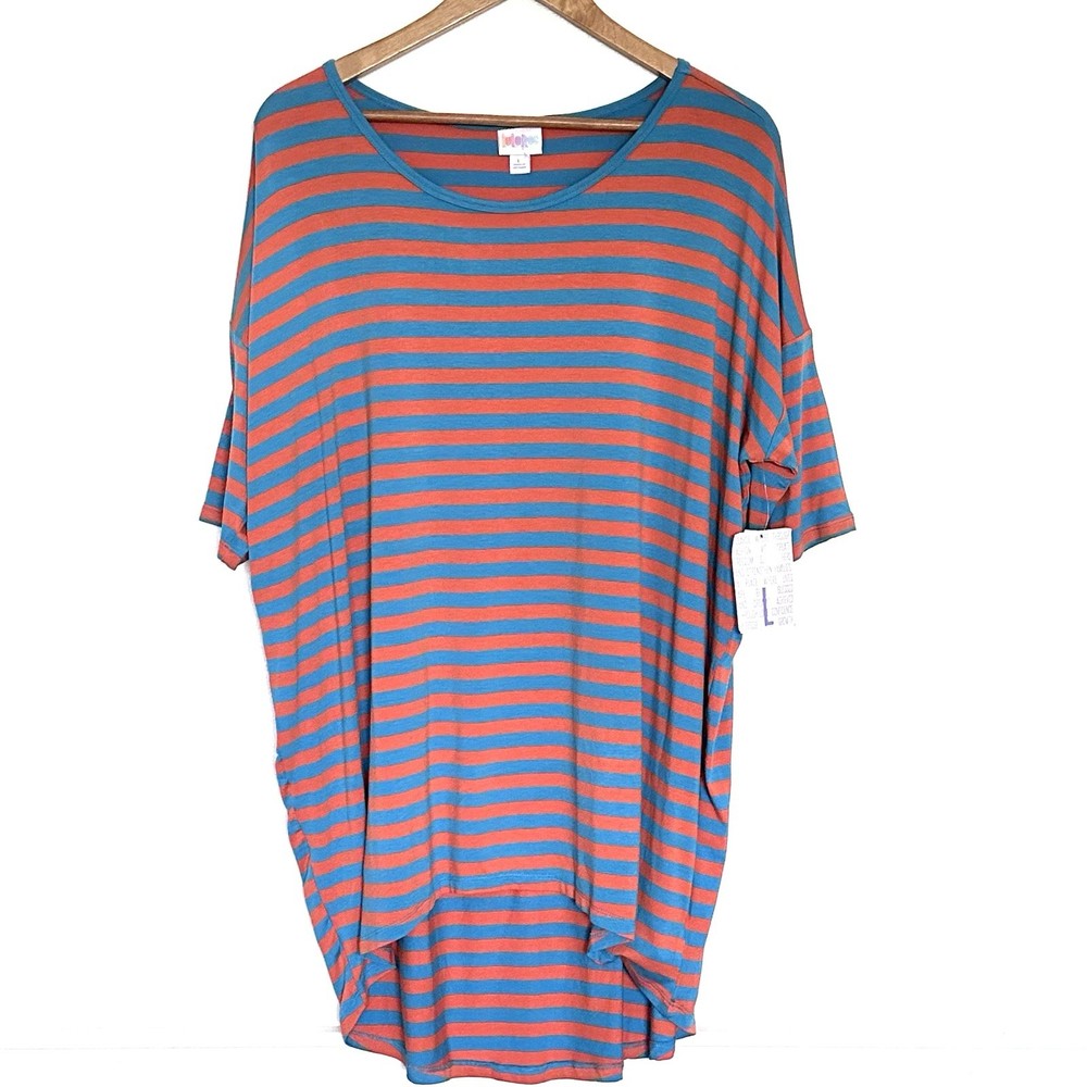 NWT Lularoe Tunic Women’s Large Blue Orange Striped High Low Short Sleeve Top