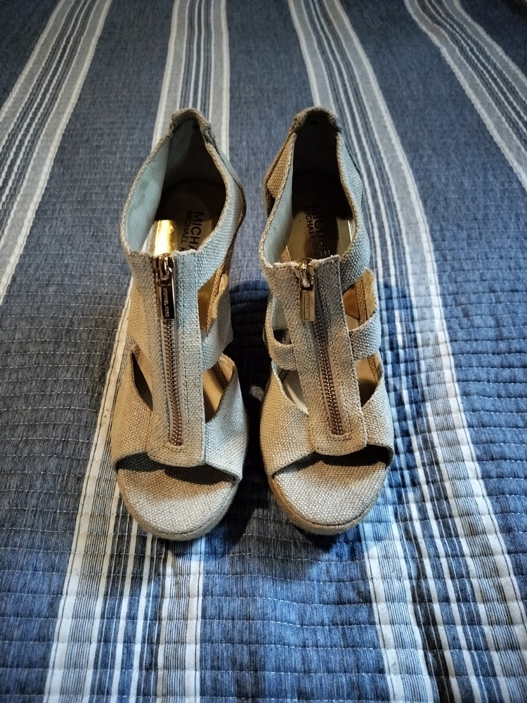 Michael Kors Berkley Mid Platform Wedge Sandals Espadrille Pale Gold Size 7.5