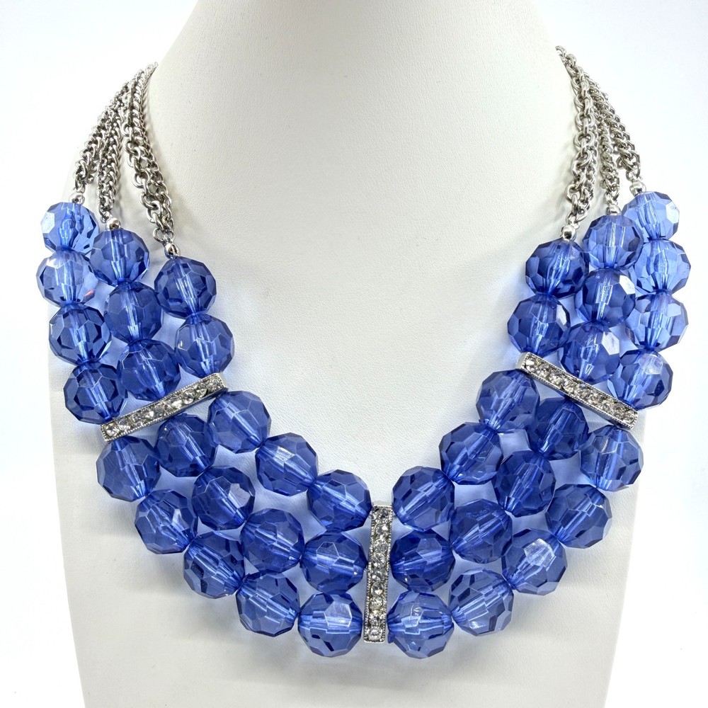 VTG Blue Lucite Beaded Statement Necklace Multi Strand Rhinestone Silver Tone
