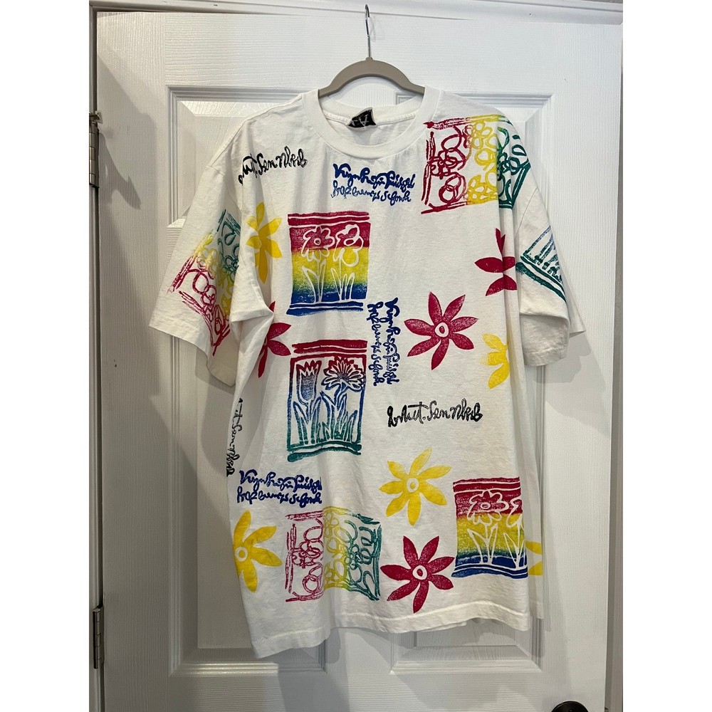 Vintage 90s L.A. Transfer Abstract Floral Graphic Tee Oversized Artsy Boho Shirt-image