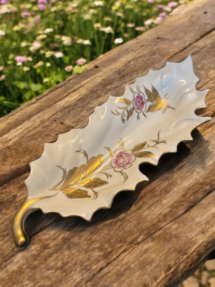 Vintage Kalk White German Porcelain Leaf Dish Floral Gold Trim Floral 10.5